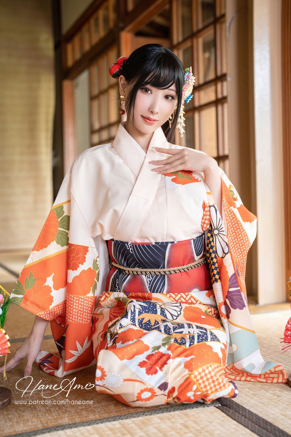 HaneAme 雨波 — Flower Print Kimono Girl(12)