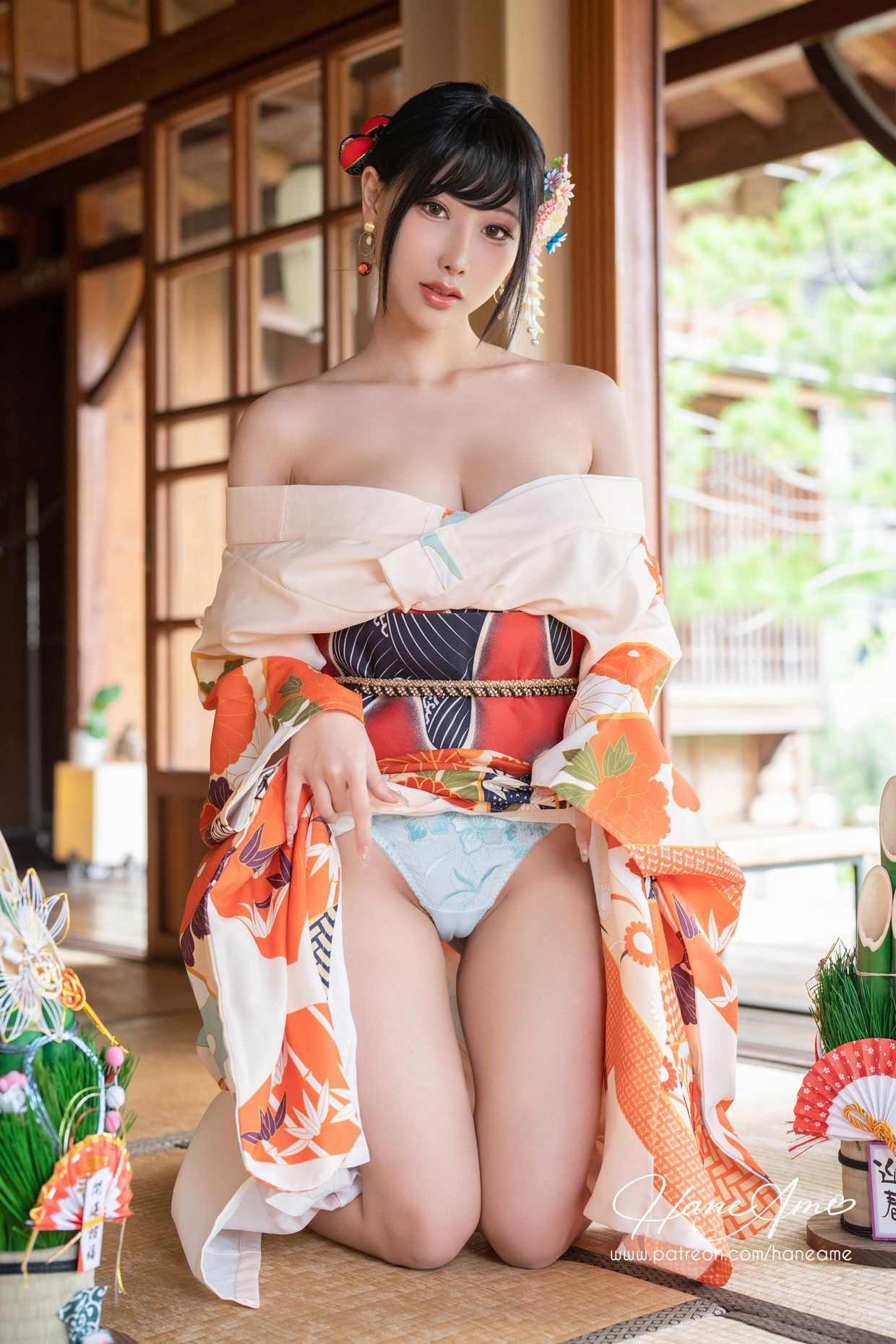 HaneAme 雨波 — Flower Print Kimono Girl