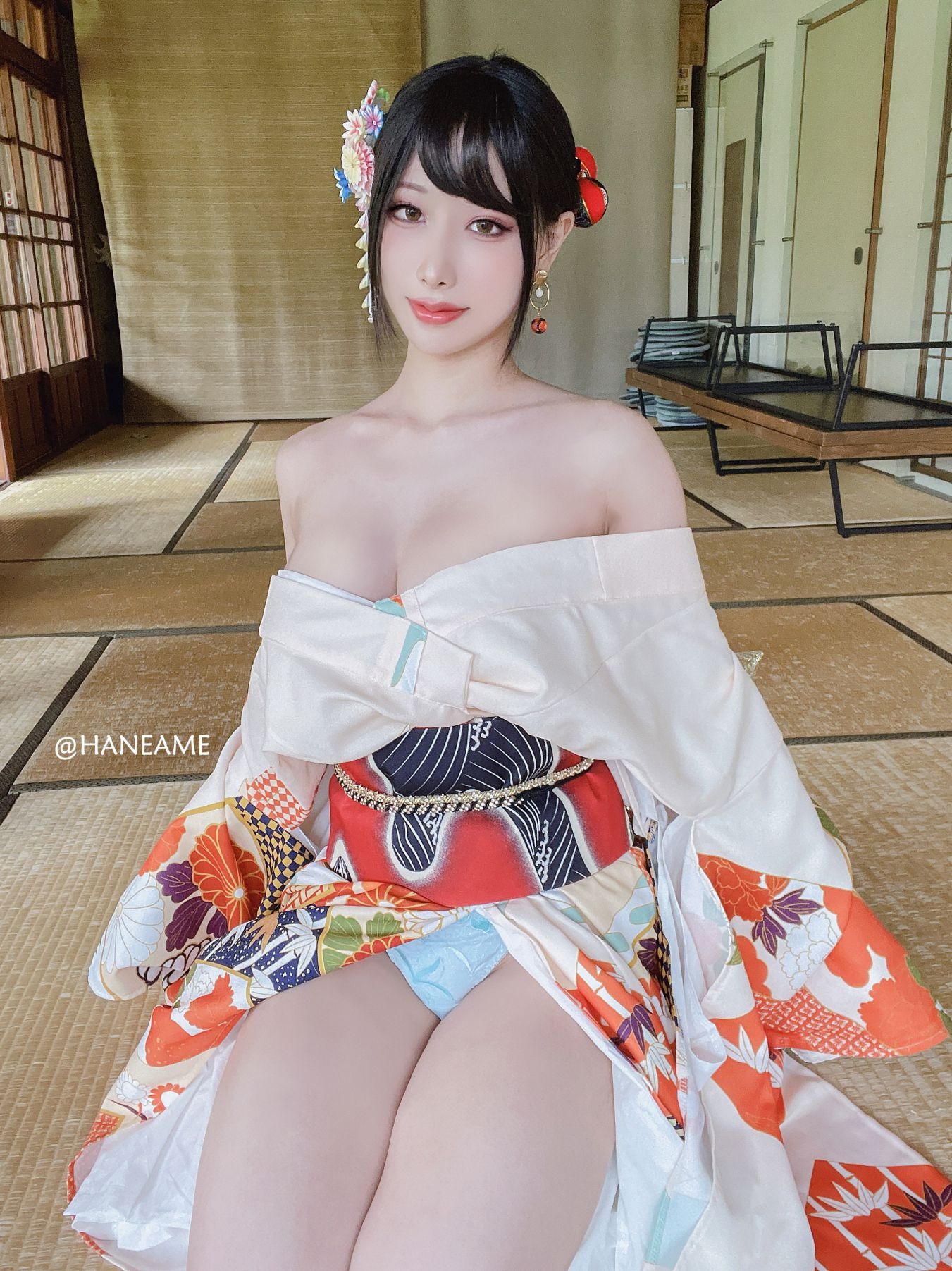 HaneAme 雨波 — Flower Print Kimono Girl(4)